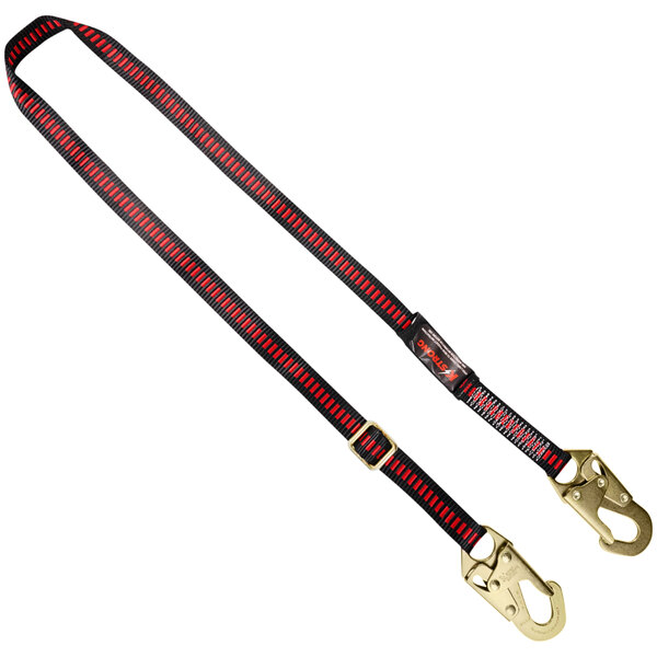 A red and black KStrong work positioning lanyard with gold hooks.