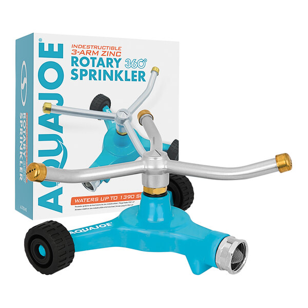 An Aqua Joe blue and silver rotary sprinkler with black wheels.