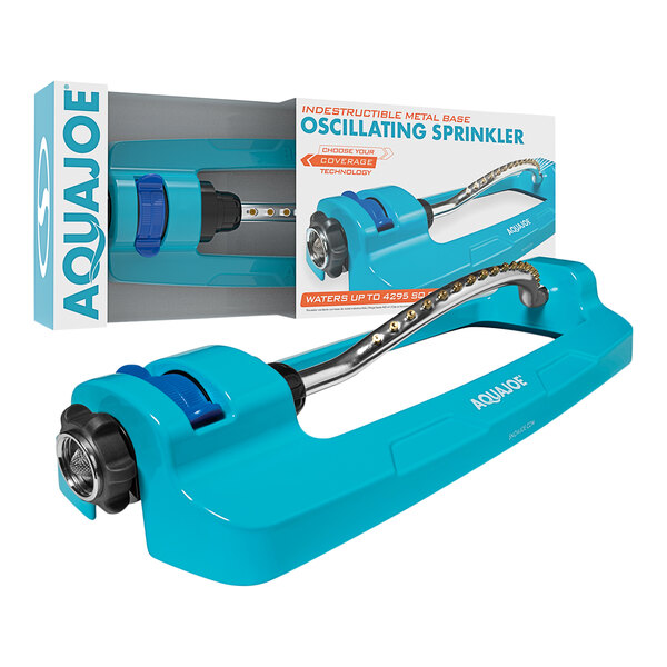 A blue Aqua Joe oscillating sprinkler with a blue handle in a box.