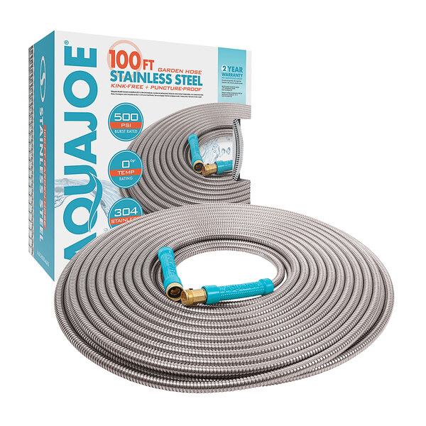 A box of Aquajoe 100 ft. garden hose.