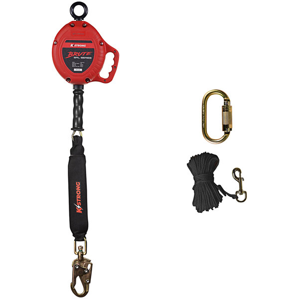 A red and black KStrong BRUTE leading edge self-retracting lifeline with a hook.