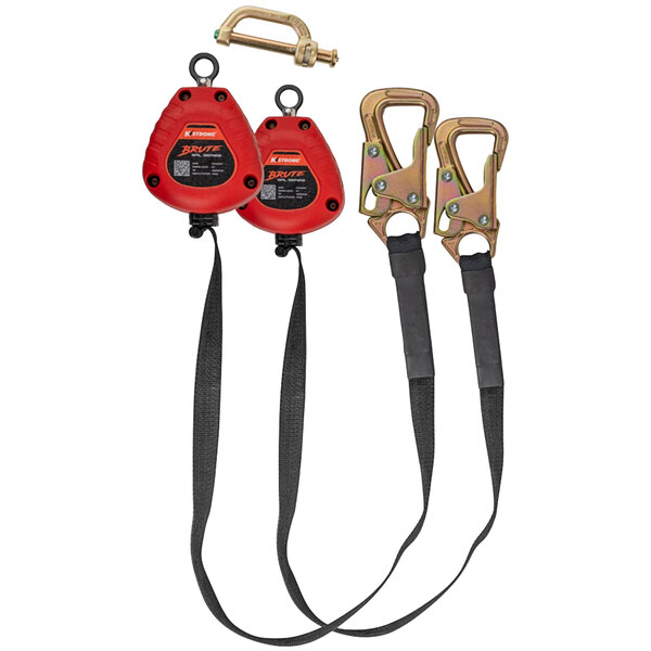 Two KStrong black and red Dyneema web twin-leg self-retracting lifelines with tie-back hooks.