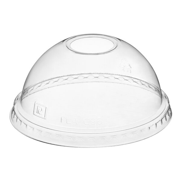 A clear plastic dome lid with a hole over a clear plastic cup.