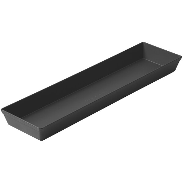 A rectangular black aluminum pizza pan with a black handle.