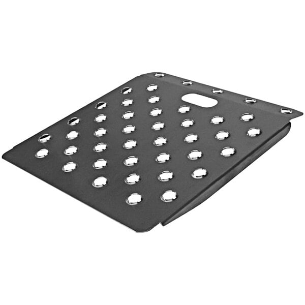 A black plastic B&P Manufacturing wedge curb ramp with holes.