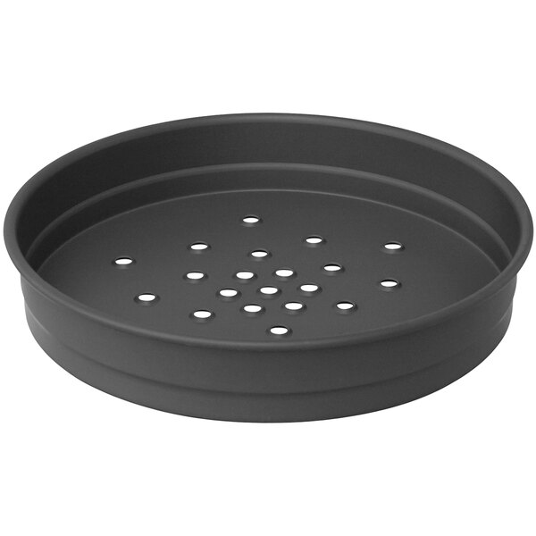 A black LloydPans round pizza pan with holes.