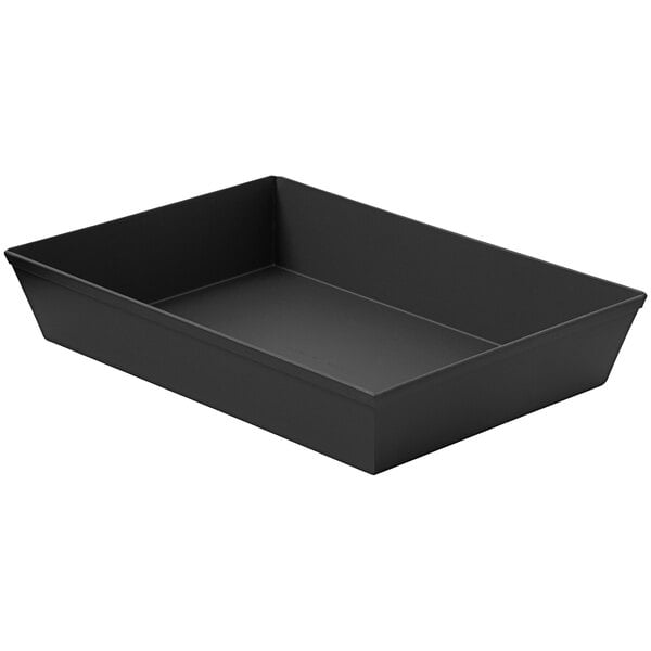 A black rectangular LloydPans pizza pan with a white background.