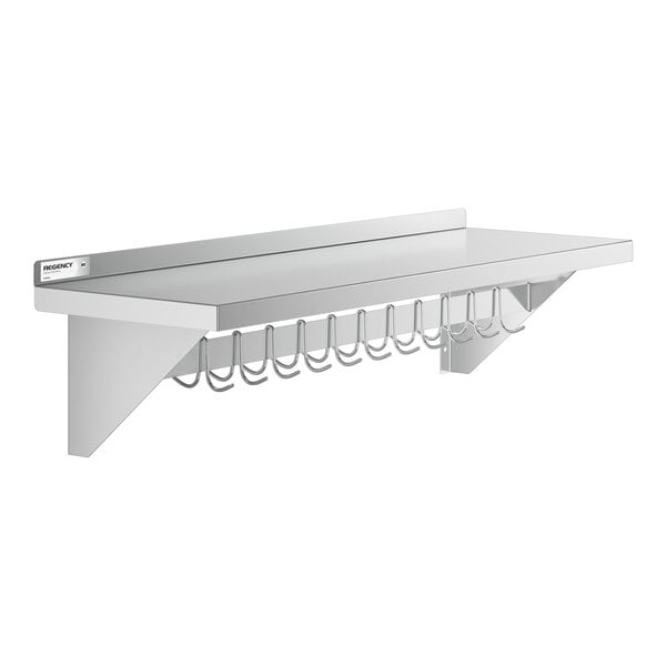 Regency 15" x 48" NSF Stainless Steel Wall-Mounted Pot Rack with Shelf and 18 Galvanized Hooks