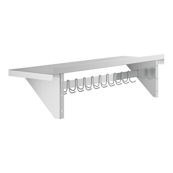 Regency 15" x 48" NSF Stainless Steel Wall-Mounted Pot Rack with Shelf and 18 Galvanized Hooks