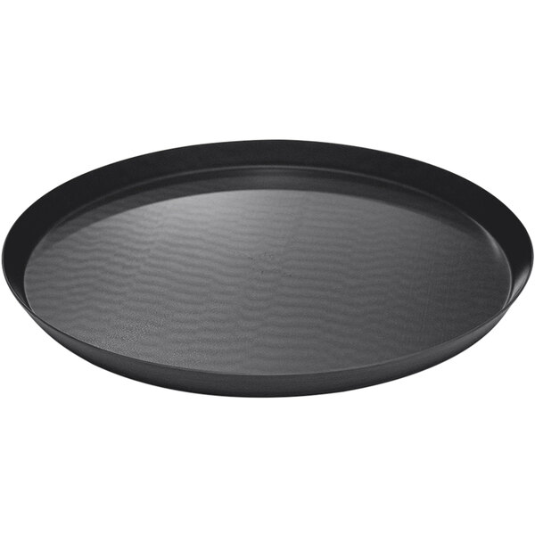 A black round LloydPans pizza pan with a textured surface.