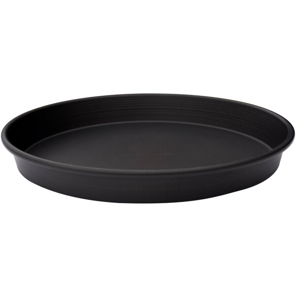 A black round LloydPans pizza pan with a white background.