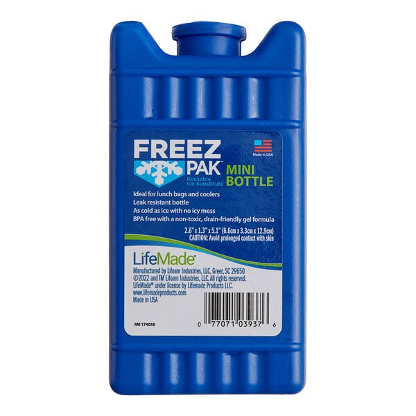 A Lifoam Freez Pak mini ice pack with a blue hard shell.