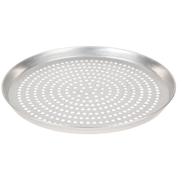 An American Metalcraft tin-plated steel pizza pan with holes.
