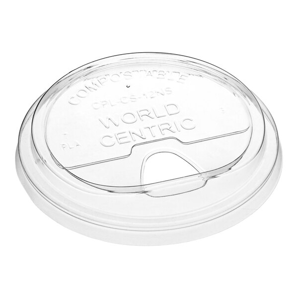 A clear plastic World Centric compostable cold cup sip lid with a hole.