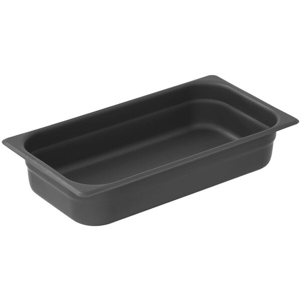 A black rectangular LloydPans aluminum steam table pan with a square edge.