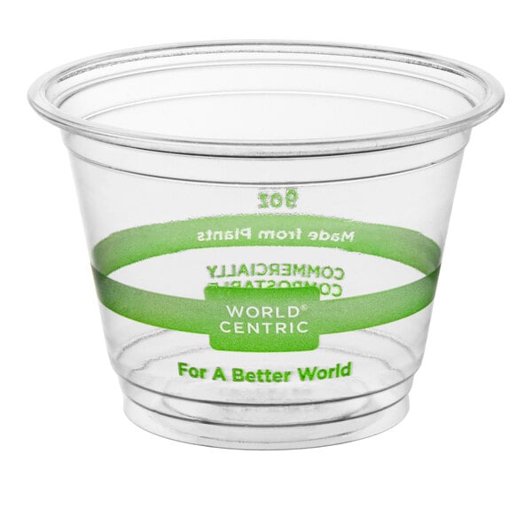 A clear 9 oz. compostable cold cup made from PLA plastic with green labeling, branded as World Centric.