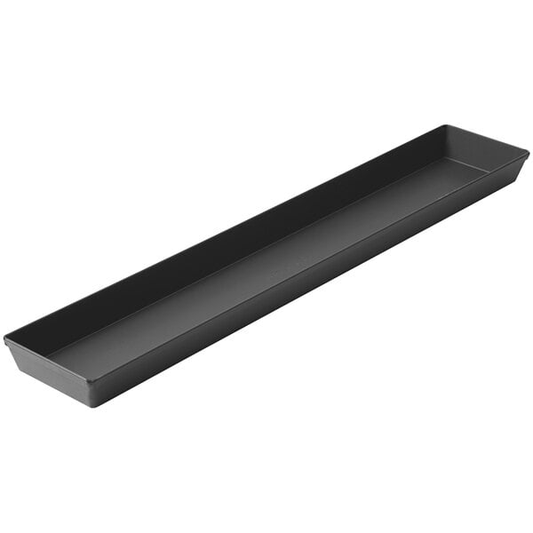 A long rectangular black aluminum pizza pan with a handle.