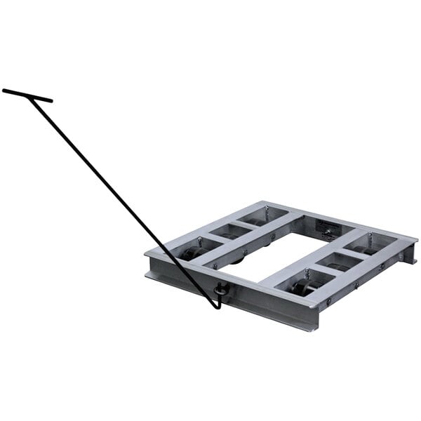 A metal frame with black rollers and a handle.