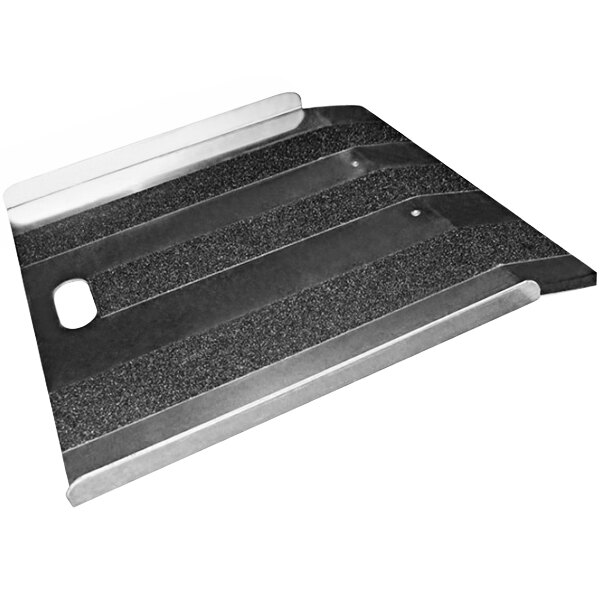 A black and silver metal curb ramp with a smooth surface and non-skid black stripes.