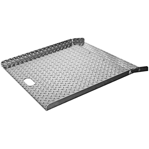 A metal diamond plate curb ramp with welded legs.