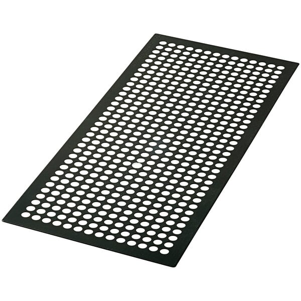A black rectangular pizza disk with holes.