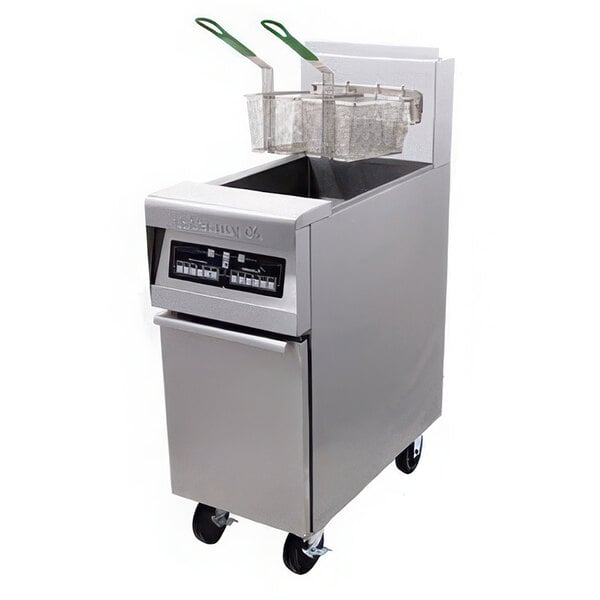 A Frymaster liquid propane gas fryer on a school kitchen counter with a basket.