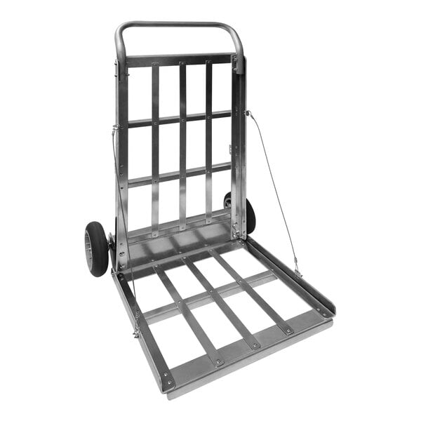 A silver B&P Manufacturing folding hand truck with wheels and a handle.