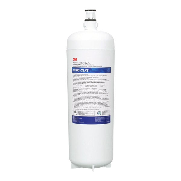 A white 3M Water Filtration Products cylinder with a blue label.