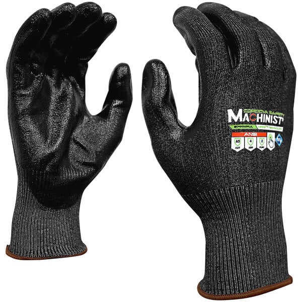 A pair of black Cordova Machinist gloves with black palm coating.