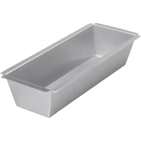 A silver rectangular metal bread loaf pan.