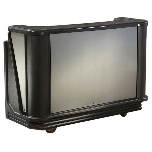 A black and silver Cambro portable bar on wheels.