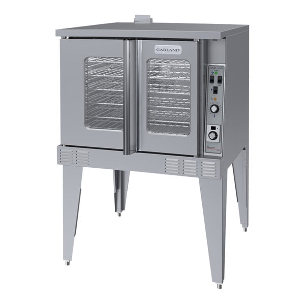 A Garland natural gas convection oven with a door open showing two racks.