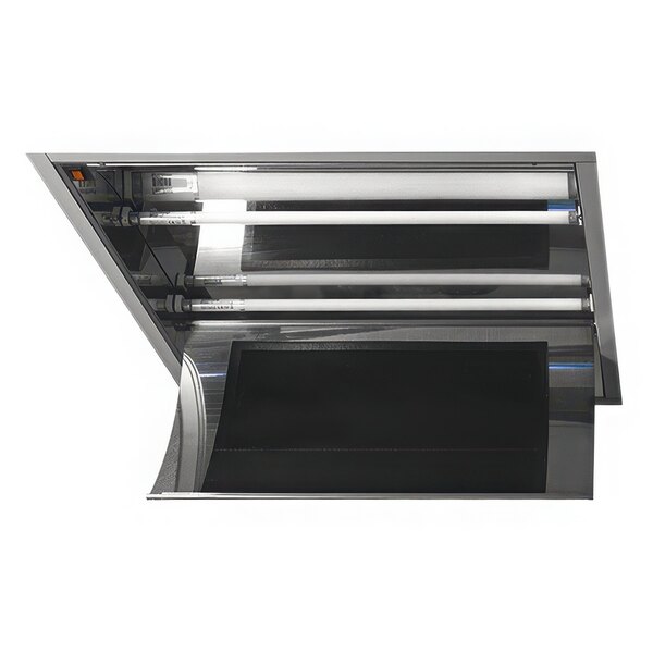 A stainless steel rectangular PestWest On-Top Pro ES ceiling-mounted insect light trap with black accents.