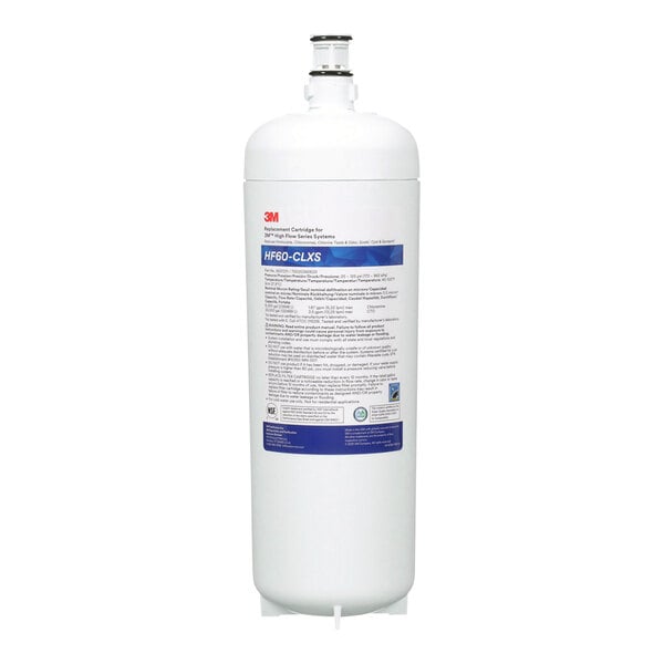 A white 3M Water Filtration Products cylinder with a blue label.