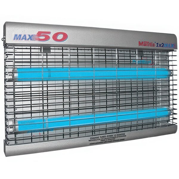 A close-up of a PestWest Mantis MAX50 insect light trap with black and blue rectangular panels.