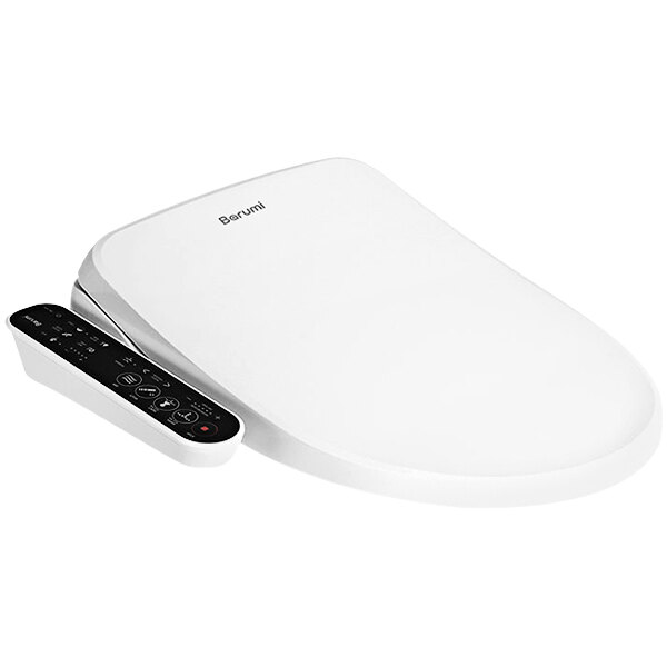 A white Barumi elongated electronic toilet seat with remote control.