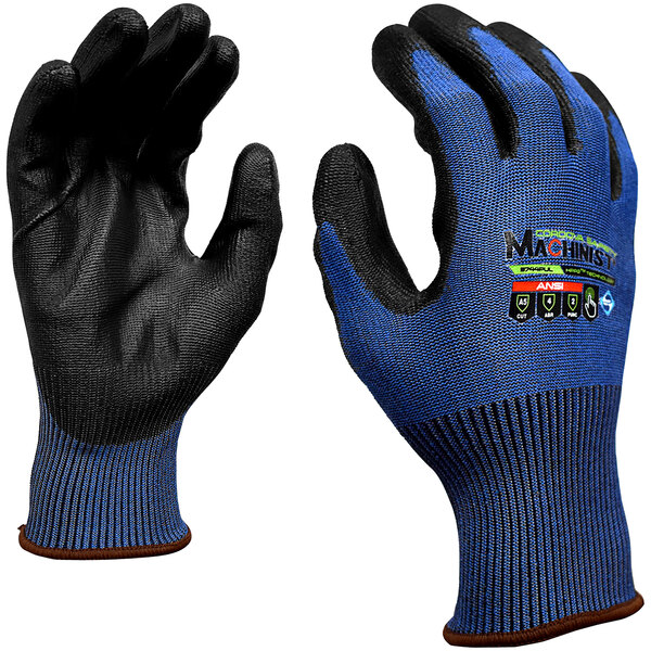 A pair of blue Cordova Machinist work gloves with black polyurethane palms.