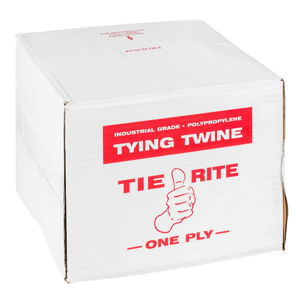 A white cardboard box with red text and graphics labeled 'TYING TWINE,' 'TIE RITE,' and 'ONE PLY,' featuring a thumbs-up illustration.