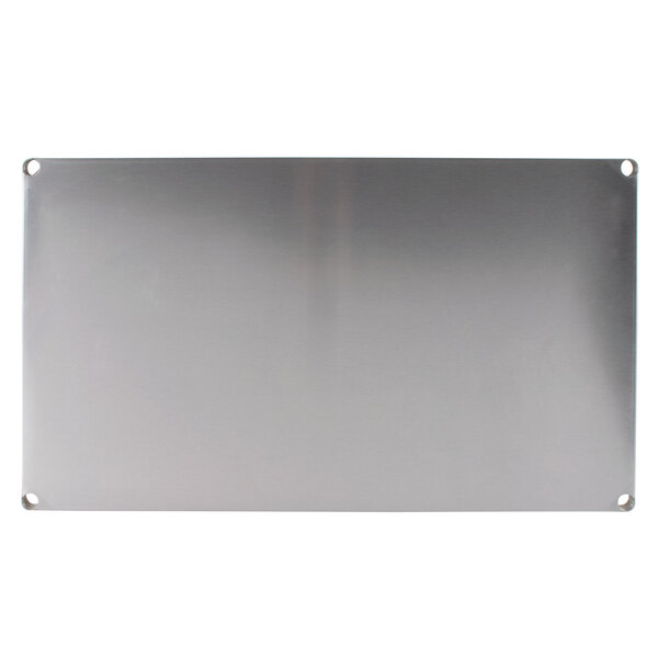 A close-up of a solid stainless steel shelf.