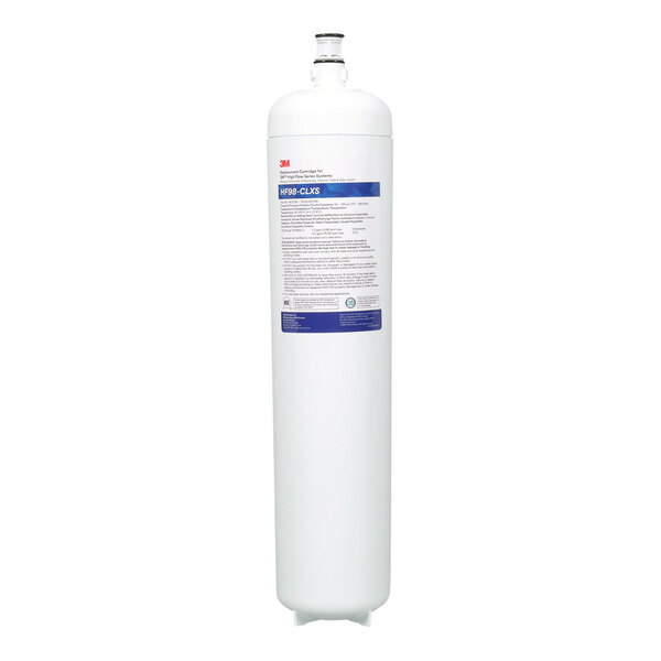 A white cylinder with a blue and white label for a 3M Water Filtration Products HF98-CLXS filter cartridge.