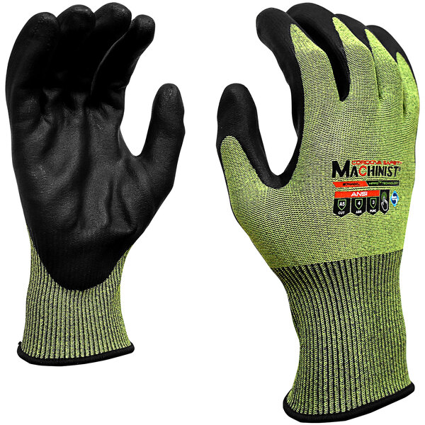 A pair of green Cordova Machinist gloves with black and yellow trim.