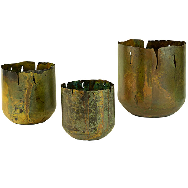 A close-up of a green and brown metal Kalalou planter set.
