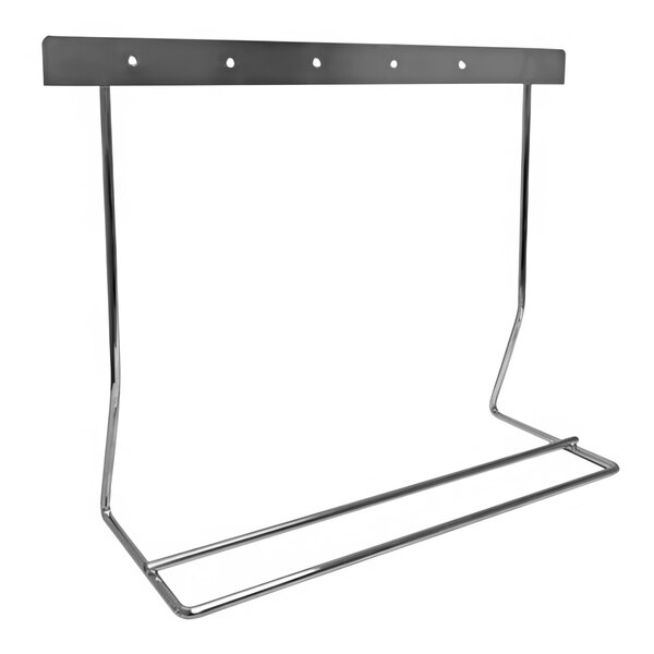 A chrome metal rack with four holes and two hooks.