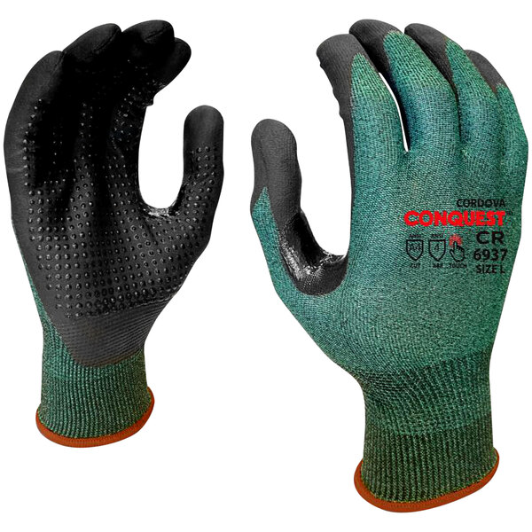 A pair of green Cordova Conquest gloves with black nitrile palm coating and nitrile dots.