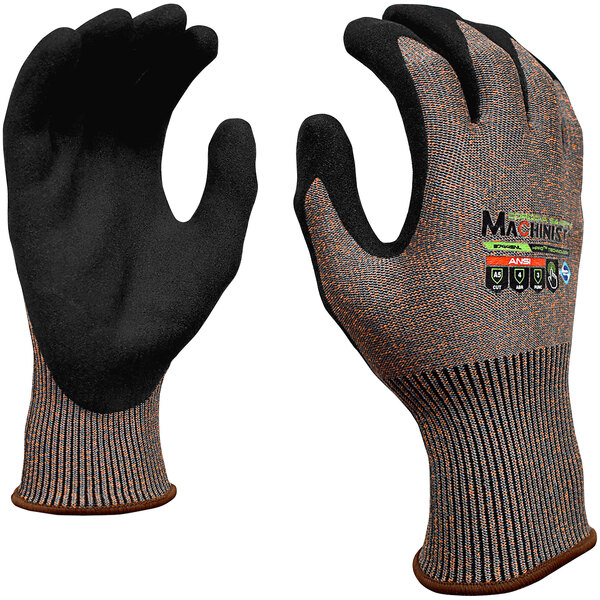 A pair of Cordova cut-resistant gloves with black sandy nitrile palms and gray fabric.