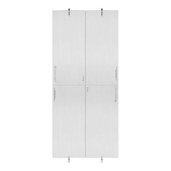 A white rectangular metal heat reflector with black text.