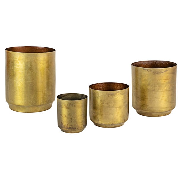 A set of four brass metal flower pots with lids.