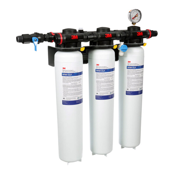 A white 3M water filtration system with blue labels on the cylinders.