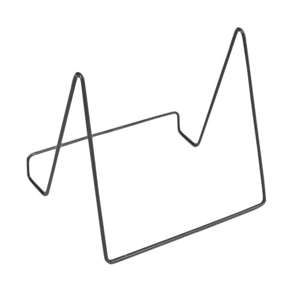 A wire easel stand with a raw metal finish.