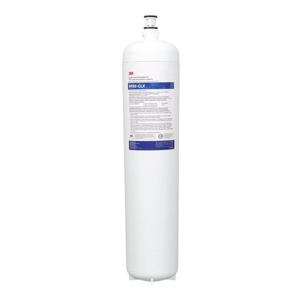 A white cylinder with a blue and white label for a 3M Water Filtration Products HF65-CLX filter cartridge.